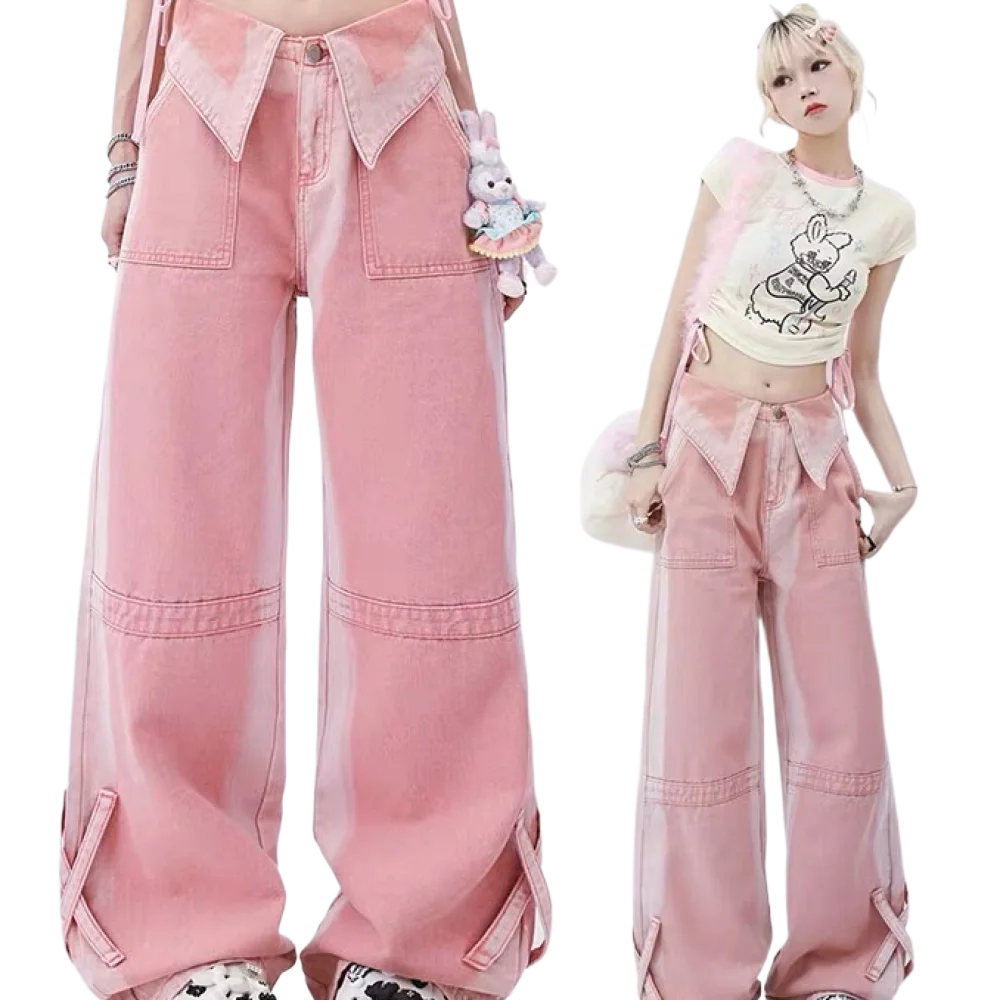 Pink High Waist Jeans for Women Autumn Winter Casual Baggy Pants Woman Y2K Streetwear Clothes Wide Leg Jeans Ladies Korean