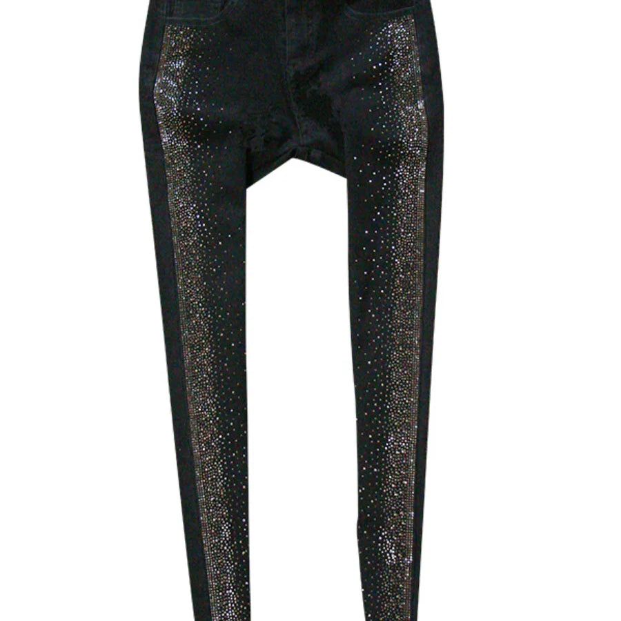 Autumn High-End High Waist Rhinestone Bling Gradient Gray Black Skinny Jeans Women Cotton Stretch Slim Fit Denim Boot Pants