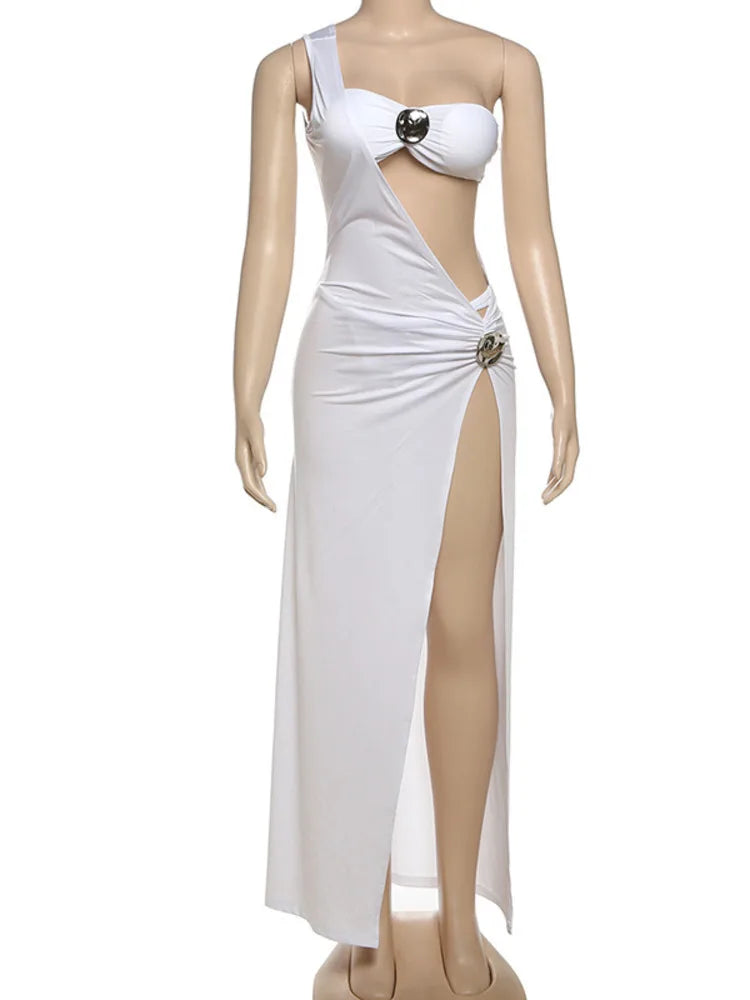 Women's Fashion Sexy Solid Skirt Three Piece Set Hollow Out Top Vest And Thigh Split High Waist Skirt Three Piece Set