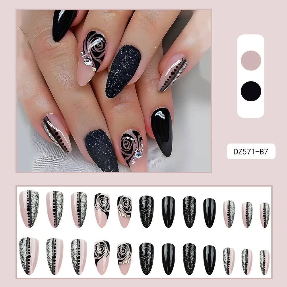 Black Cool Fake Nails Halloween Bat Press on Nails Almond Decorated Nail Tips Rivet Bow False Nails 24pcs Reusable Acrylic Nails