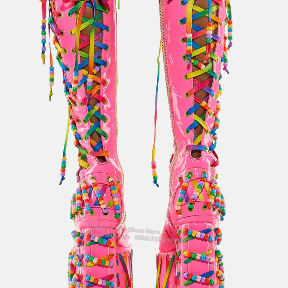 Round Toe Square Heel Platform Knee-High Boots Mixed Color Cross-Tied Patent Leather Side Zipper Super High Sexy Shoes Hot Girls