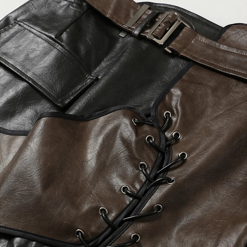 Women Retro High Waist Leather Skirt Asymmetrical Lace Up Bandage Colorblock Belt Designer Mini Skirt