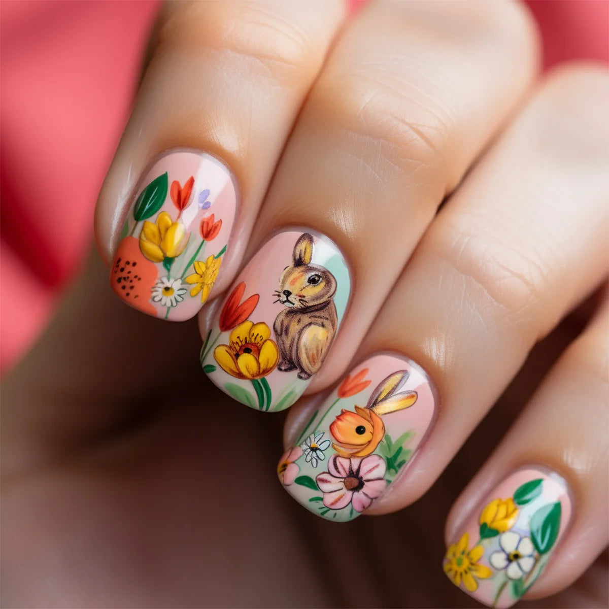 24pcs Easter Cute Rabbit Press On Nails Spring Daisy Flower Design Fake Nail Tips for Girl Women Wearable Short Cute False Nails