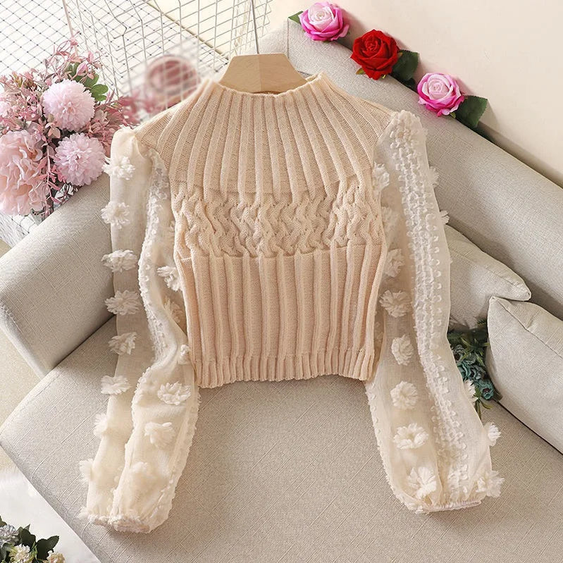 Women Half High Collar Sweaters Jumper Bubble Sleeve Mesh Stitching Tight Slim Short Knitted Tops Sweet Flowers Chiffon Shirt A