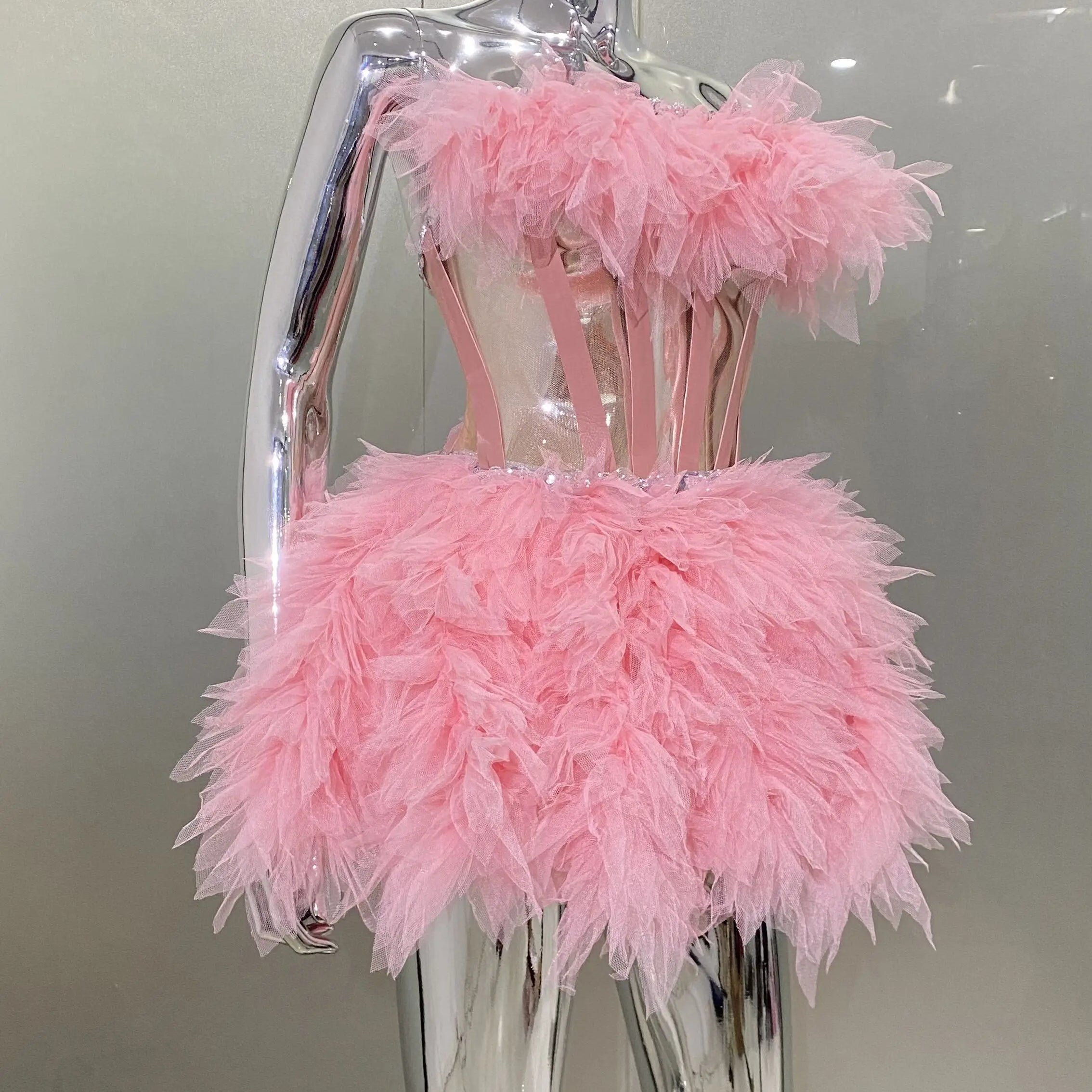 Pink Sweet Woman Set Sparkling Crystal Strapless Top And Mini Puffy Skirt 2 Pieces Birthday Party Vestido Performance Costume