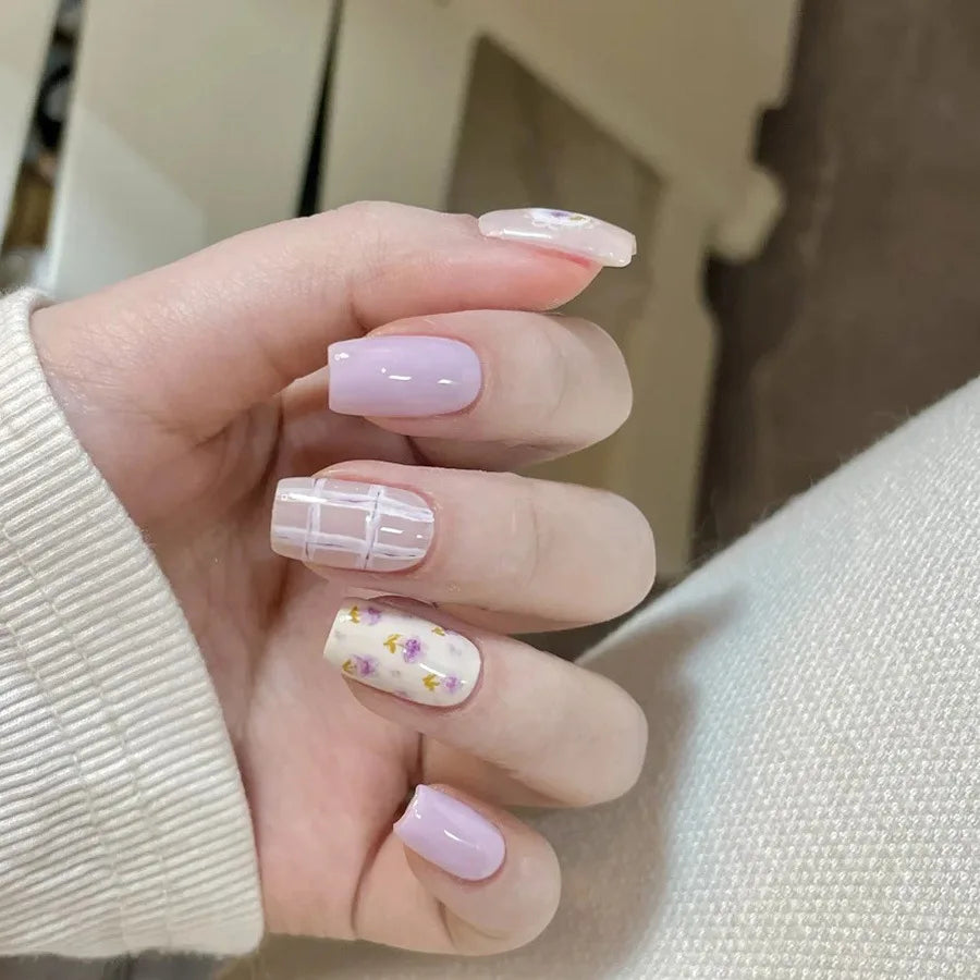 24pcs/set Medium long fake nails square ballet tips flowers butterfly for spring summer season blue green press on false nail