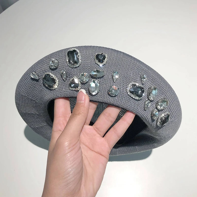 Berets Women Hat Brimless Stretchy Comfortable Rhinestone Y2K Cap Autumn Female Flat Color Cotton d 56-58cm