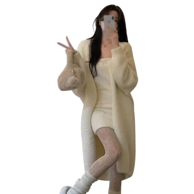 Women Sweater Cardigans Winter Knitted Jackets Warm Thickened Fleece Solid Color Knitted Coat Female Soft Long Sweater Cardigan A