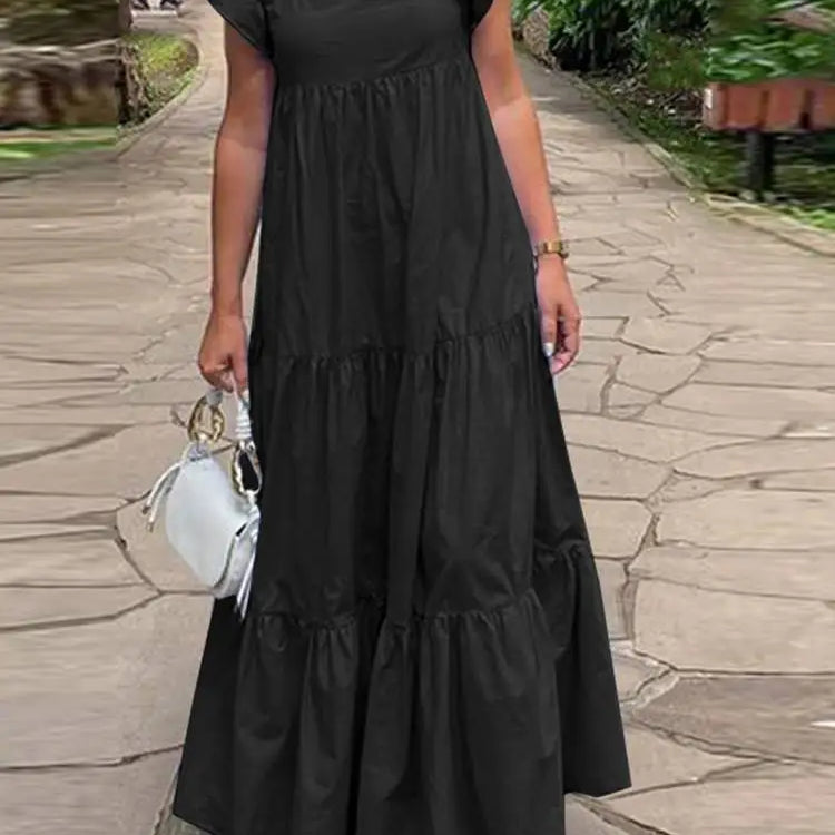 Fashion Summer Ruffles Holiday Dress Women Square Neck Short Sleeve Casual Sundress Solid Beach Vestido Robe Femme black