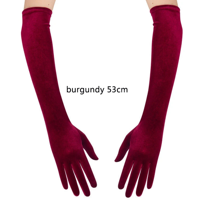 53CM Women Golden Velvet Long Autumn Winter Warm Black Evening Dress Etiquette Gloves Retro Style Banquet Accessories Elasticity burgundy 53cm One Size