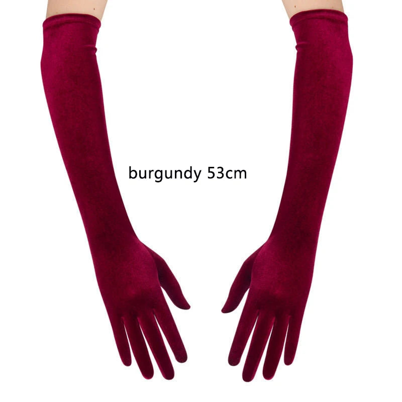 53CM Women Golden Velvet Long Autumn Winter Warm Black Evening Dress Etiquette Gloves Retro Style Banquet Accessories Elasticity burgundy 53cm One Size