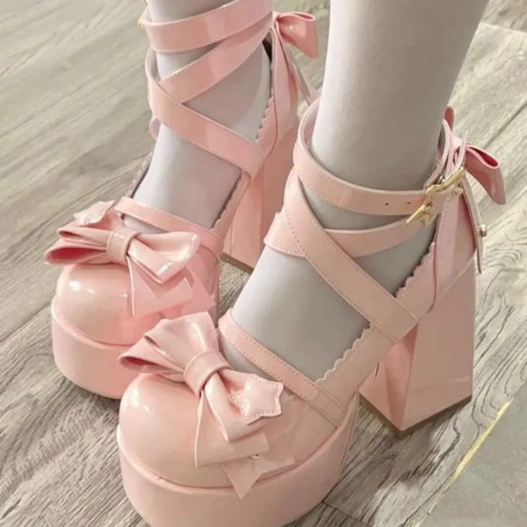 Sweet Vintage Mary Janes Shoes Women Star Buckle Lolita Kawaii Platform Shoes Female Bow-knot Cute Designer Shoes 2023 Summer Pink