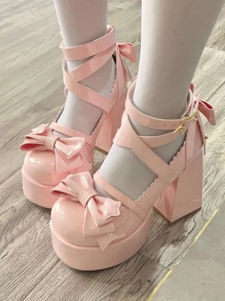 Sweet Vintage Mary Janes Shoes Women Star Buckle Lolita Kawaii Platform Shoes Female Bow-knot Cute Designer Shoes 2023 Summer Pink