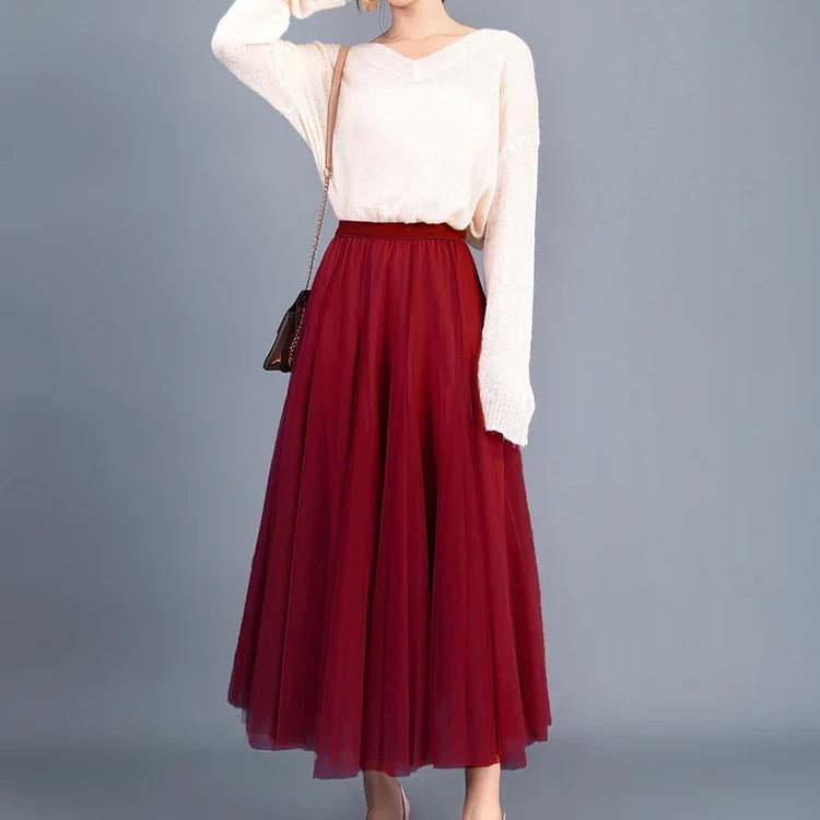 Jielur Skirts Womens Autumn 3 Layers Princess Tulle Mesh Pleated Skirt Saia Female Jupe Summer Tutu Skirts Faldas Mujer Moda Claret One Size