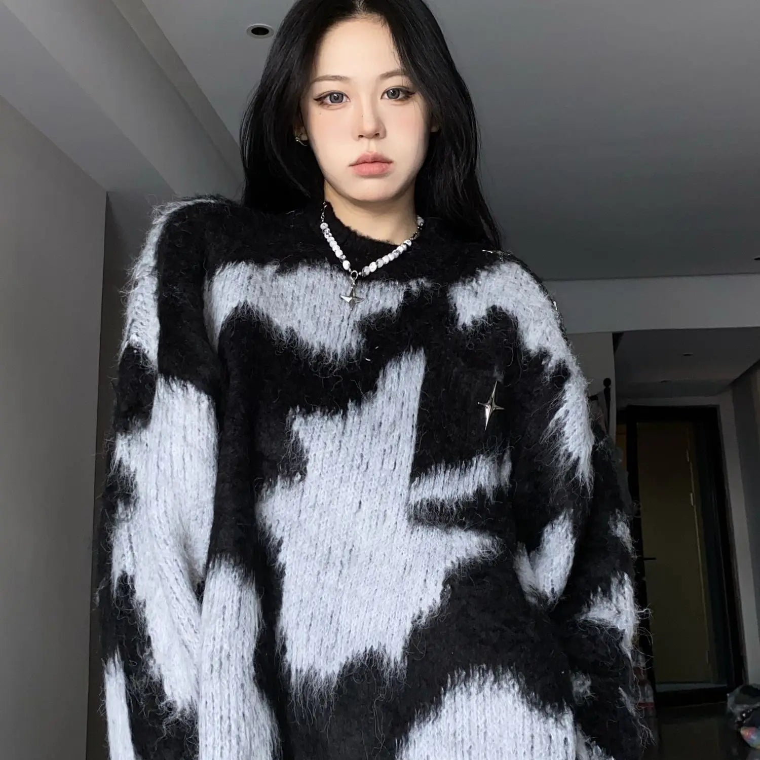 Korean Fashion Contrast Color Sweater for Women Autumn Winter Loose Knitted Top Female Casual Long Sleeve Oversized Pullovers GRAY