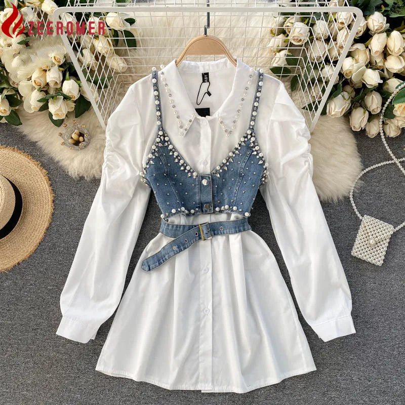 High-End White Shirt Dress Female Lapel Diamond Pearl Luxury Shirt Short Denim Vest Chic Two Piece Sets Female Fashion WHITE
