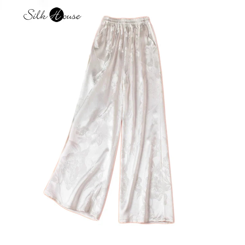 Women's Fashion Spring New 45MM Heavyweight 100%Natural Mulberry Silk Jacquard Satin White Versatile Wide Leg Pants