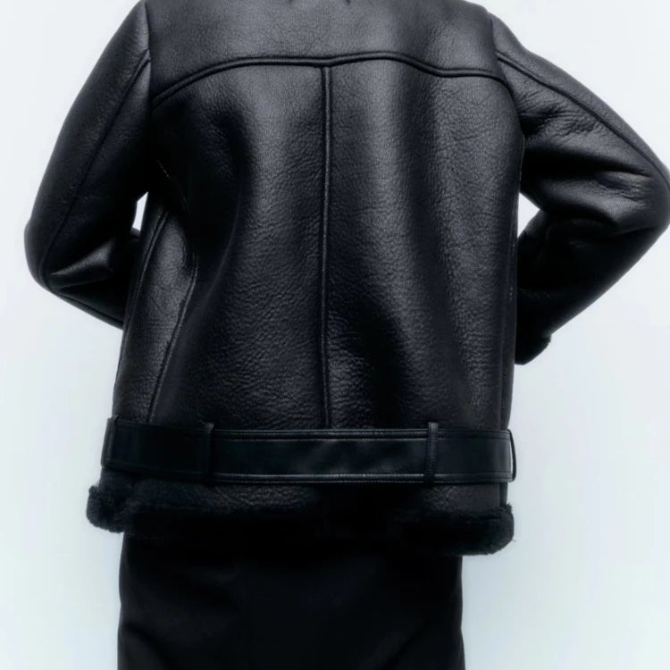 Women Fall Winter New Fur Integrated Thermal Jacket Coat Faux Leather Long-sleeved Lapel Padded Warm Chic Female Outerwear