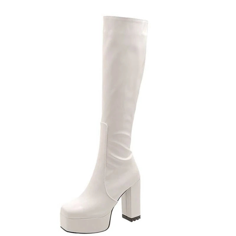 SIMLOVEYO Platform Knee High Boots Toe Block Heels Rubber Size 34-43 Black White Blue S2729