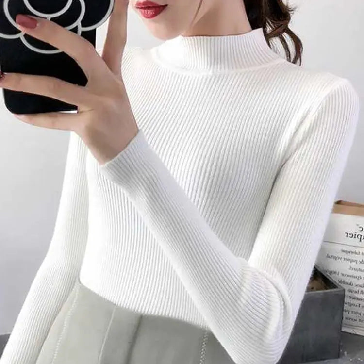 Autumn Winter Mock Neck Women Sweater Vintage Basic Solid Knitted Tops Casual Slim Pullover Korean Sweaters Simple Chic Jumpers WHITE One Size