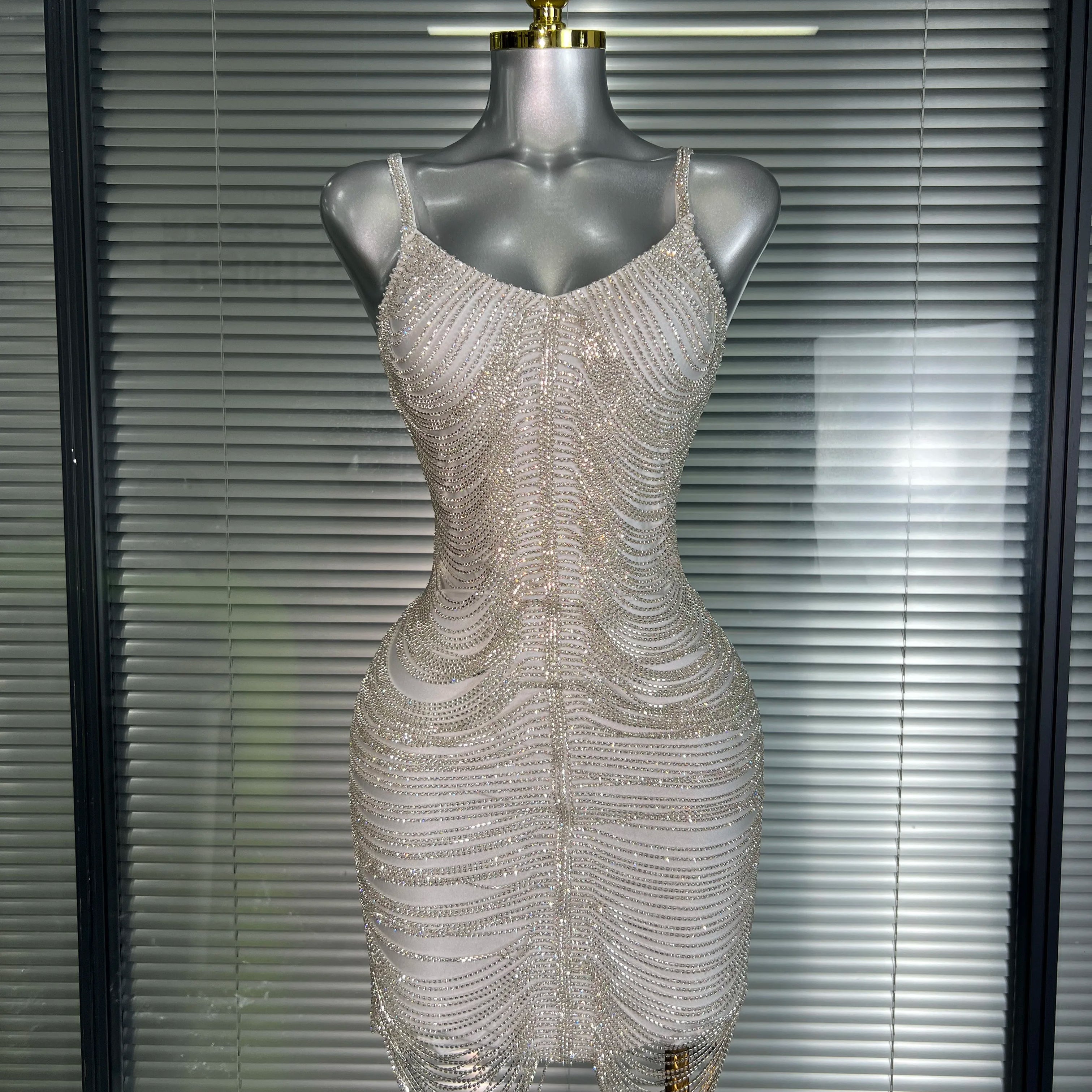 Ins Celebrity New Women Sexy Khaki Crystal Shining Mini Dress Stage Costume Dancer Singer Night Club Sparkly Party Dress