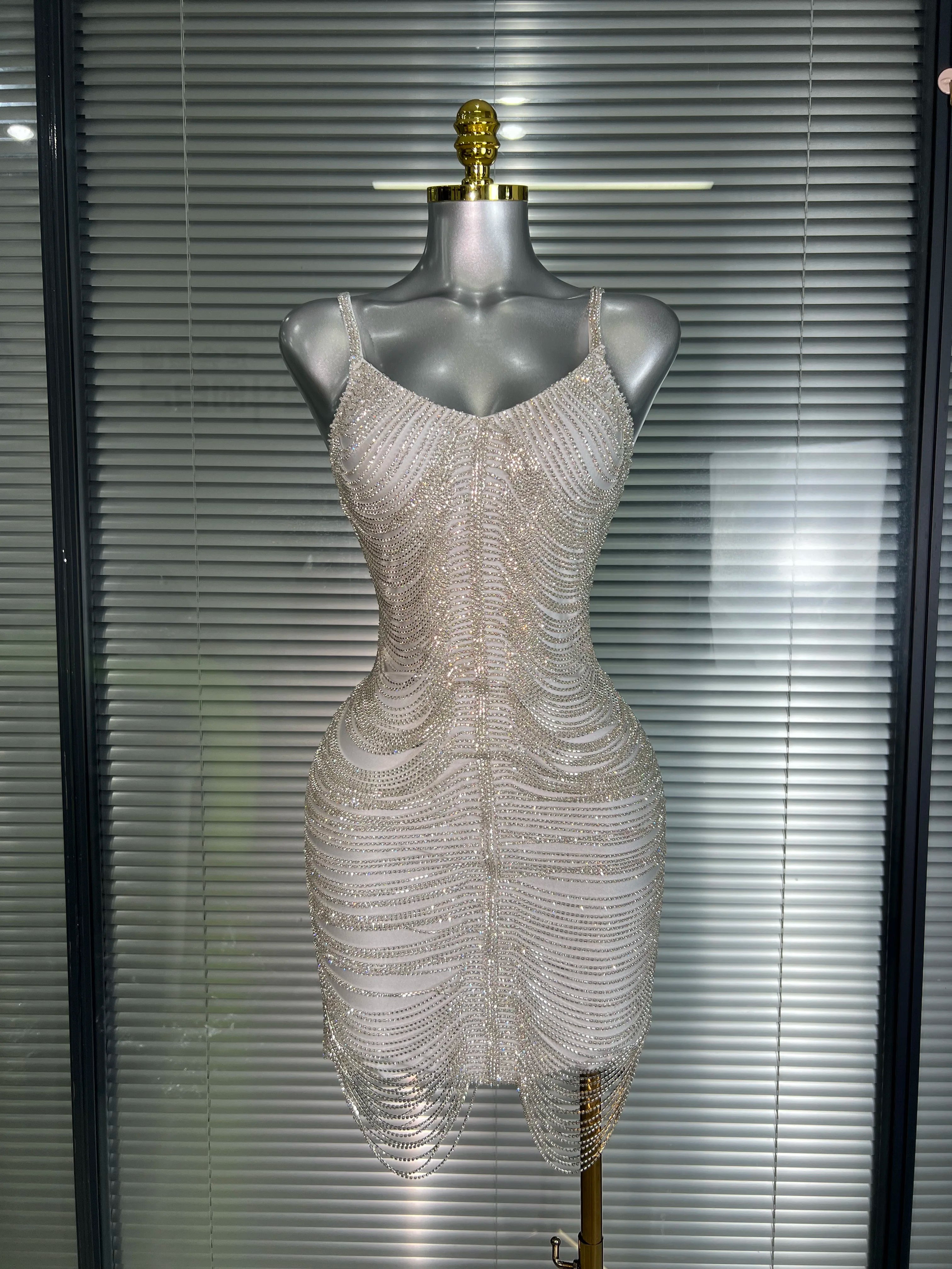 Ins Celebrity New Women Sexy Khaki Crystal Shining Mini Dress Stage Costume Dancer Singer Night Club Sparkly Party Dress