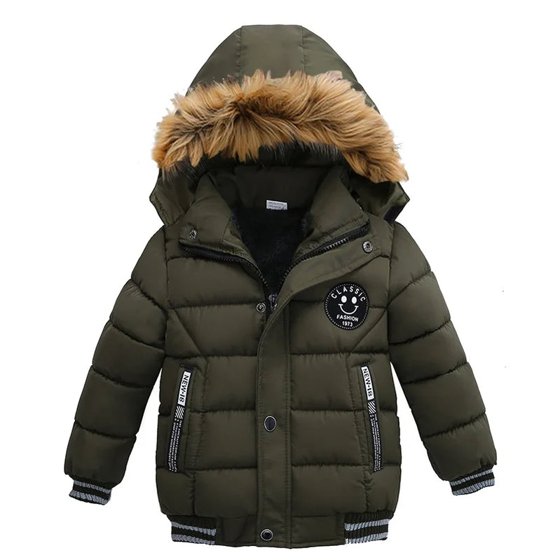 Winter Boys Jacket Warm Fur Collar Parkas Fashion Baby Girls Thicen Coats Hooded Zipper Casual All-match Outerwear Kids Clothes army green