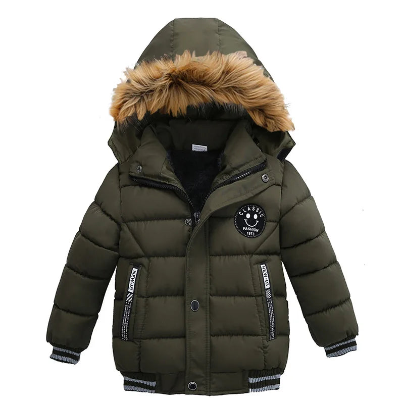 Winter Boys Jacket Warm Fur Collar Parkas Fashion Baby Girls Thicen Coats Hooded Zipper Casual All-match Outerwear Kids Clothes army green