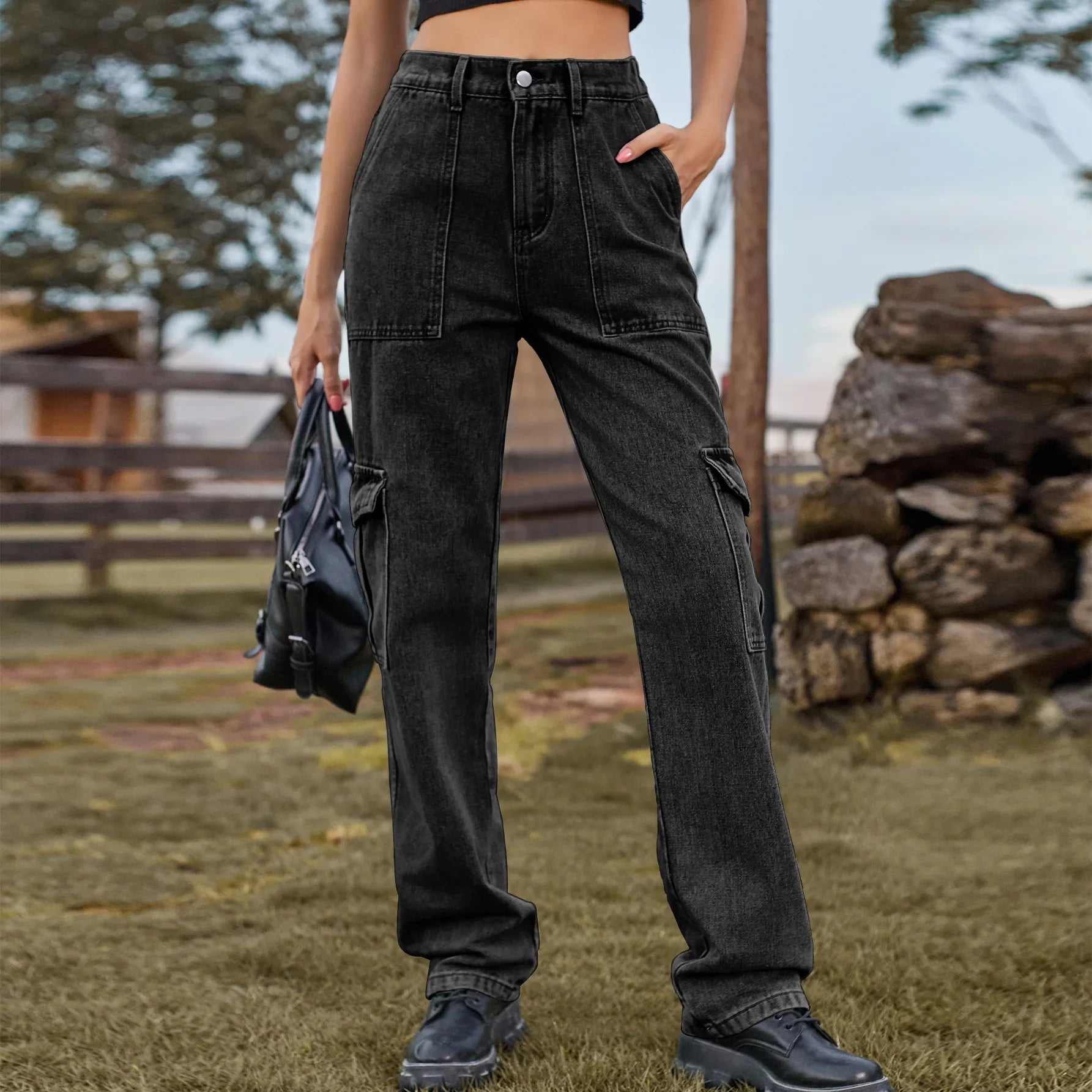 Women's trend cargo pants women New denim with semi elastic design personalized and versatile workwear pants black gray
