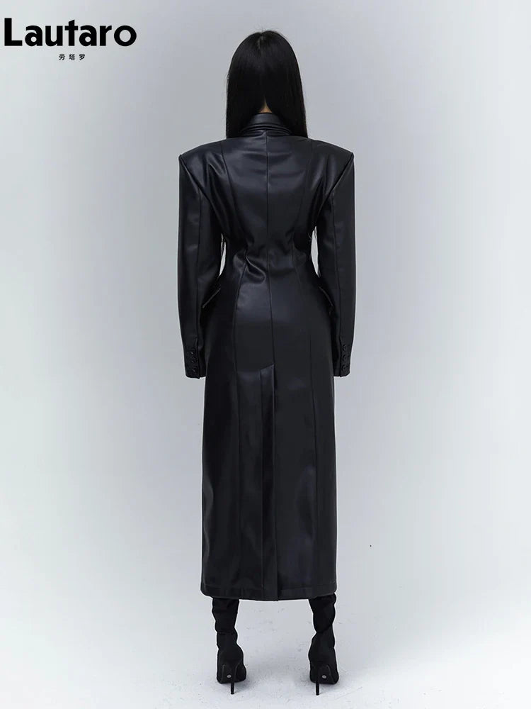 Spring Autumn Long Black Fitted Soft Pu Leather Trench Coat for Women with Shoulder Pads Luxury Designer Clothing 2023