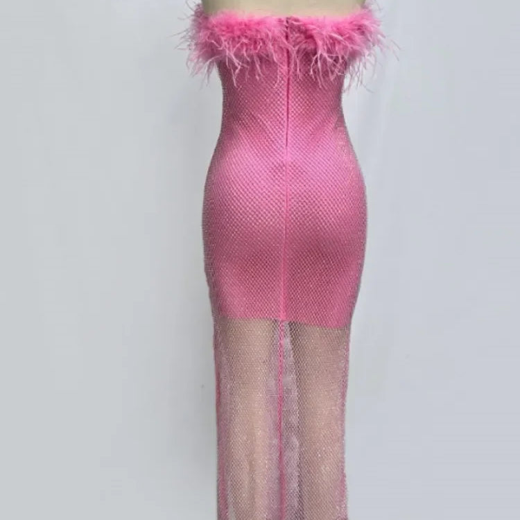 Women Sexy Strapless Ostrich Feathers Pink Crystal  Bodycon Bandage Dress 2024 High Street Shineing Split Party Dress Vestido