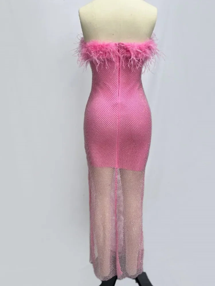 Women Sexy Strapless Ostrich Feathers Pink Crystal  Bodycon Bandage Dress 2024 High Street Shineing Split Party Dress Vestido