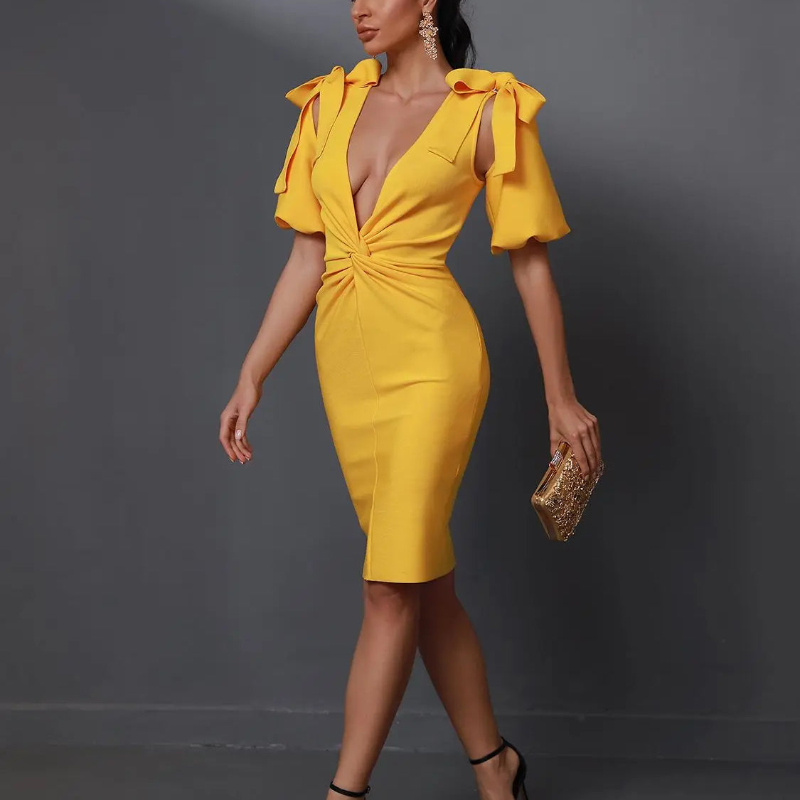 Yellow Bandage Dress Women Sexy Party Dress Bodycon Elegant Draped Deep v Neck Birthday Evening Club Outfits Summer 2023