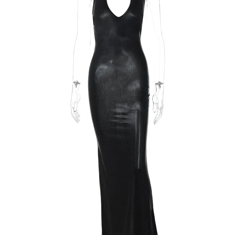 Hugcitar Halter Spot Print Black Backless Bandage Sexy Elegant Maxi Prom Dress Summer Women Outfits Evening Party Festival