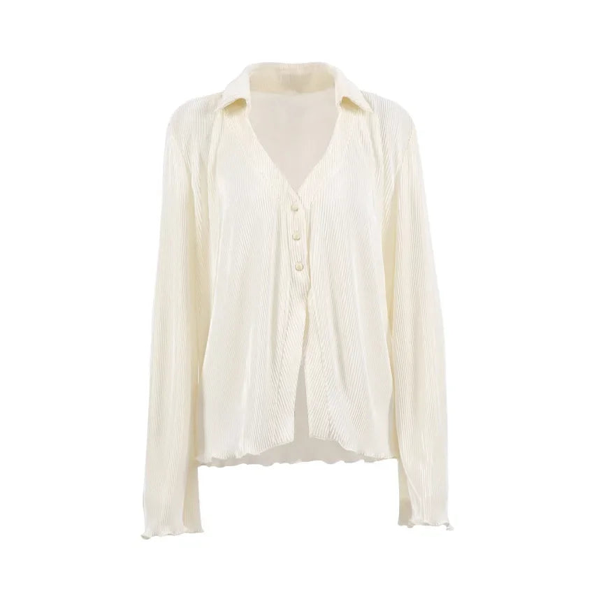 CM.YAYA Pleated Solid Women Set Long Sleeve Shirts and Straight Wide Leg Pants Suits Tracksuit Two Piece Set Fitness Outfits