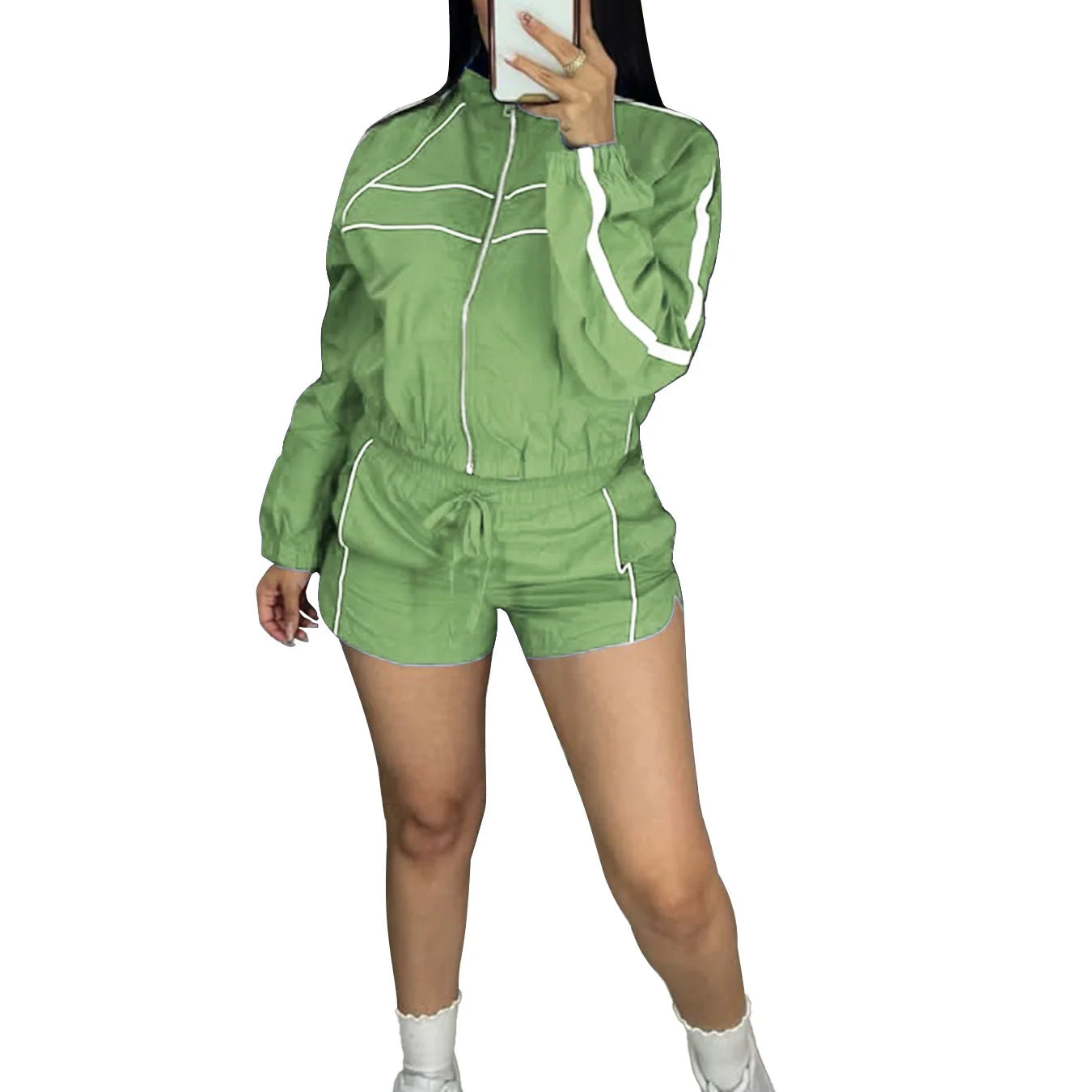 CM.YAYA Women's Set Long Sleeve Jacket + Shorts Suit 2025 Summer Streetwear Active Slim Sporty Two 2 Piece Set Outfit Tracksuit