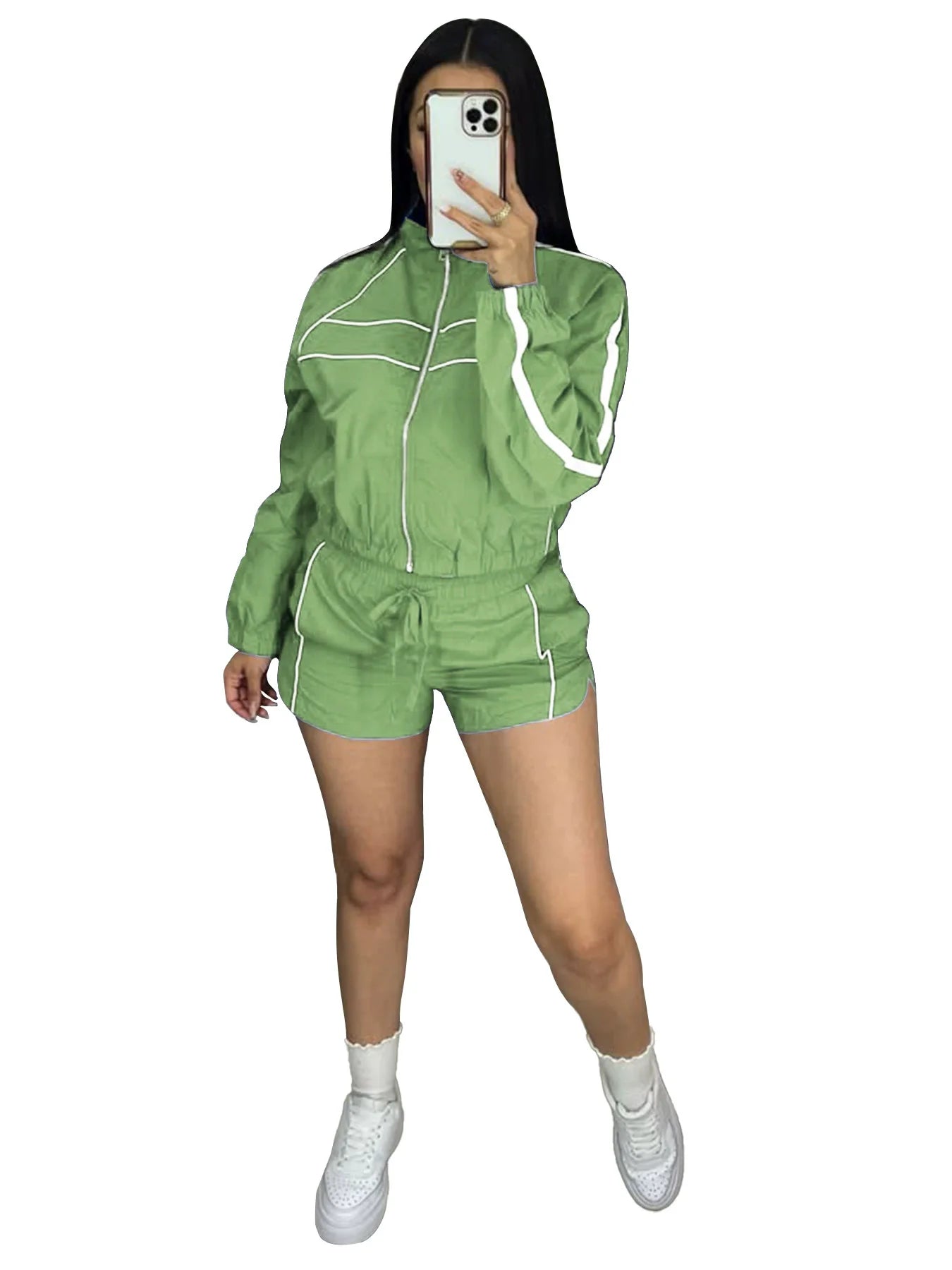 CM.YAYA Women's Set Long Sleeve Jacket + Shorts Suit 2025 Summer Streetwear Active Slim Sporty Two 2 Piece Set Outfit Tracksuit