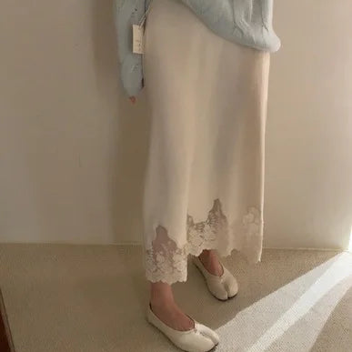 Patchwork Lace Skirts Women Fashion Knitted Jupe 2023 Faldas Mujer De Moda High Waist Tunic Saia Vintage Temperament Long Skirt Apricot One Size