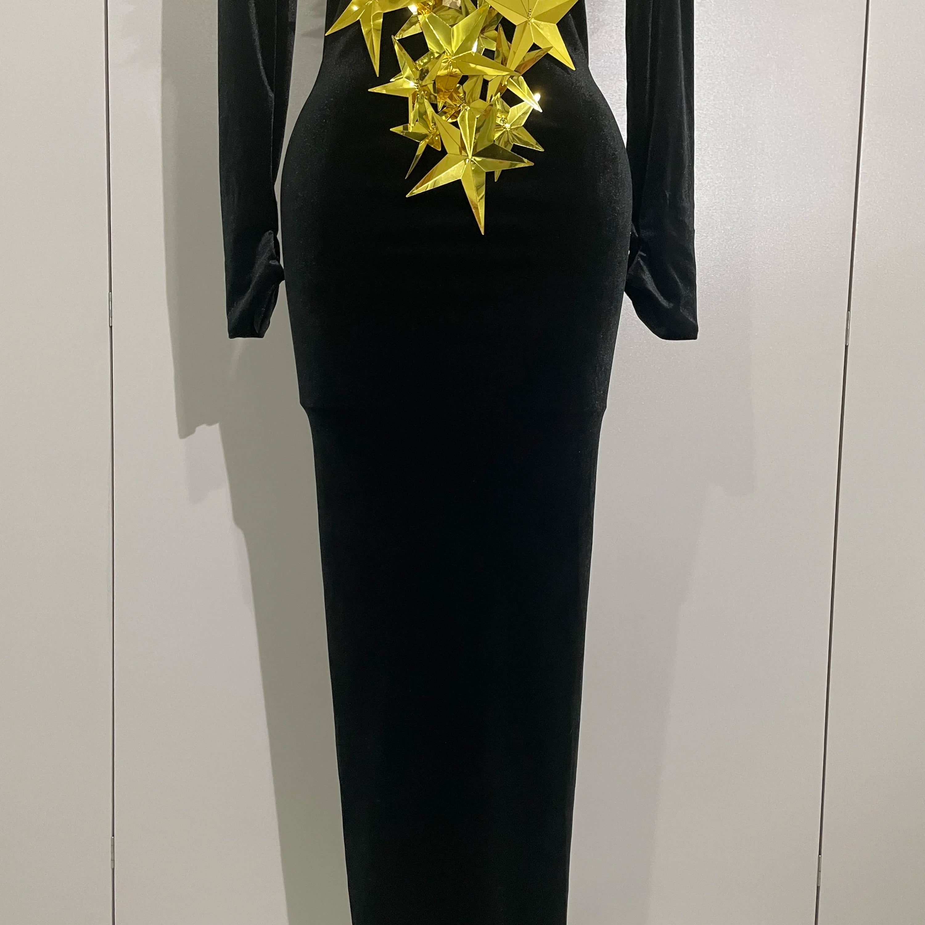 2025 New Shiny Gold Star Rhinestone Velvet Long Dress Women Evening Birthday Party Club Gala Hosts NightClub Bar Stage Costumes