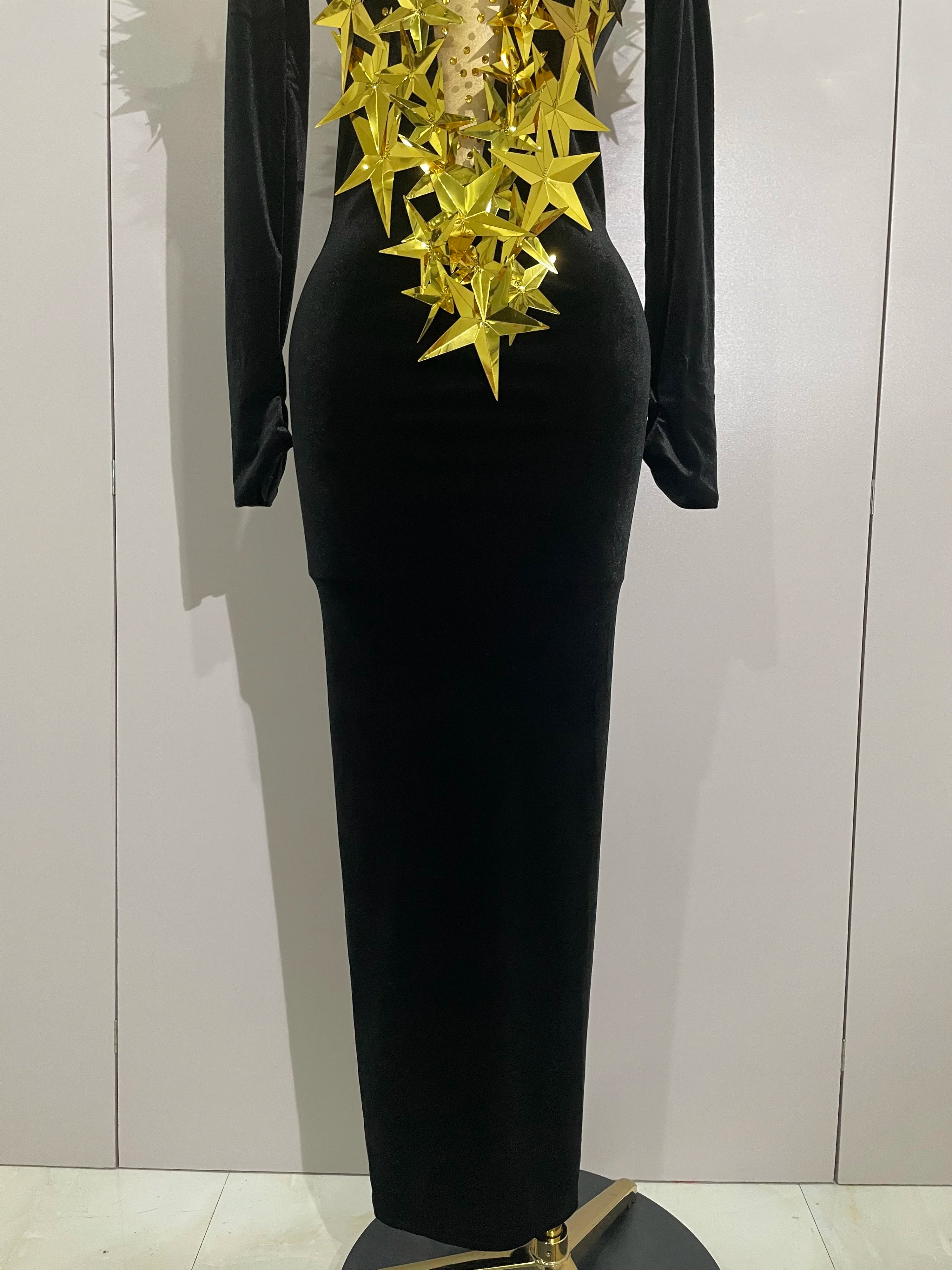 2025 New Shiny Gold Star Rhinestone Velvet Long Dress Women Evening Birthday Party Club Gala Hosts NightClub Bar Stage Costumes