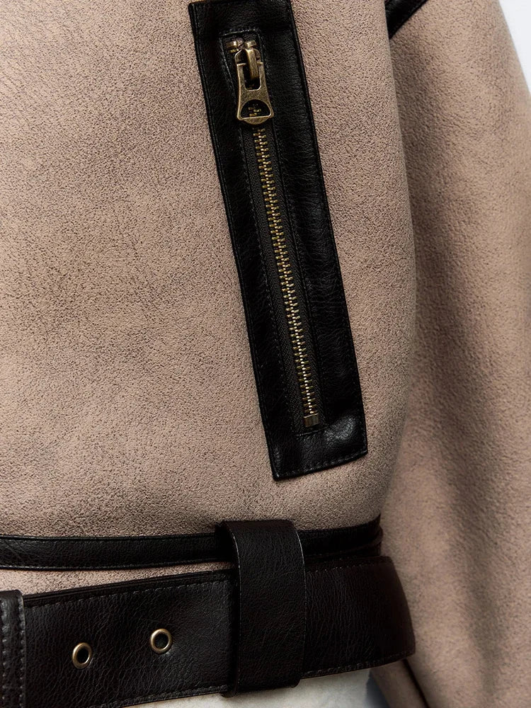 Women's Faux Fur Short Jacket Coat Fall Winter Metal Buckles Lapel Long Sleeves Faux Shearling Lining Jacket Warm Outerwear