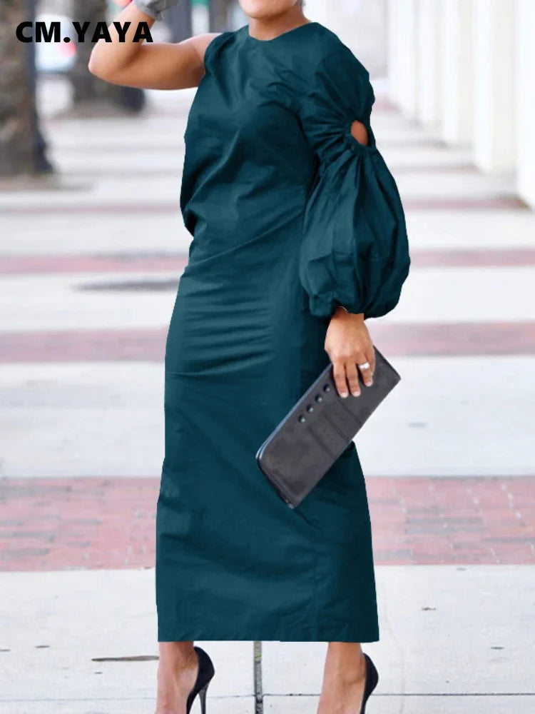 CM.YAYA Women Cutout One Long Sleeve Ruched Side Split Maxi Bodycon Midi Dress 2023 Winter Vintage Sexy Party Dresses Vestidos