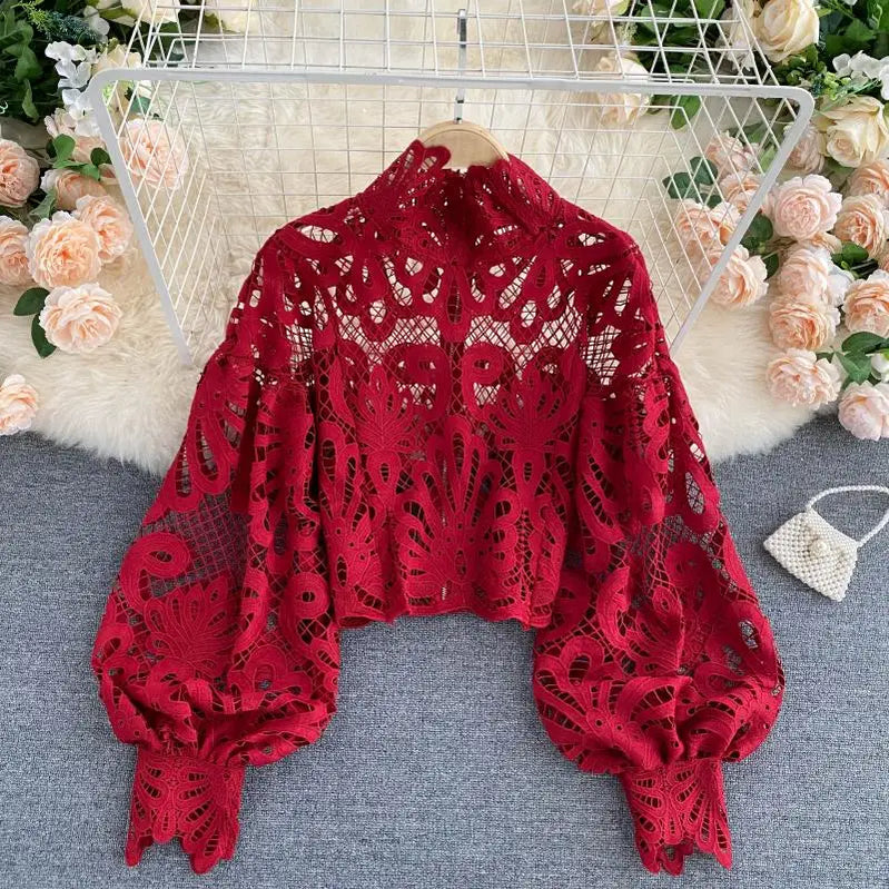 Sexy Lace Hollow Out Short Blouse Casual Lantern Long Sleeve Stand Collar Shirts Female Elegant Red/Pink/White Loose Tops Red One Size