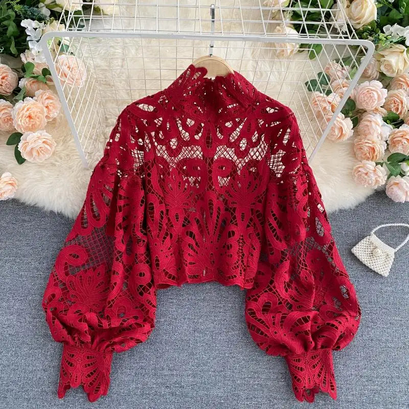 Sexy Lace Hollow Out Short Blouse Casual Lantern Long Sleeve Stand Collar Shirts Female Elegant Red/Pink/White Loose Tops Red One Size