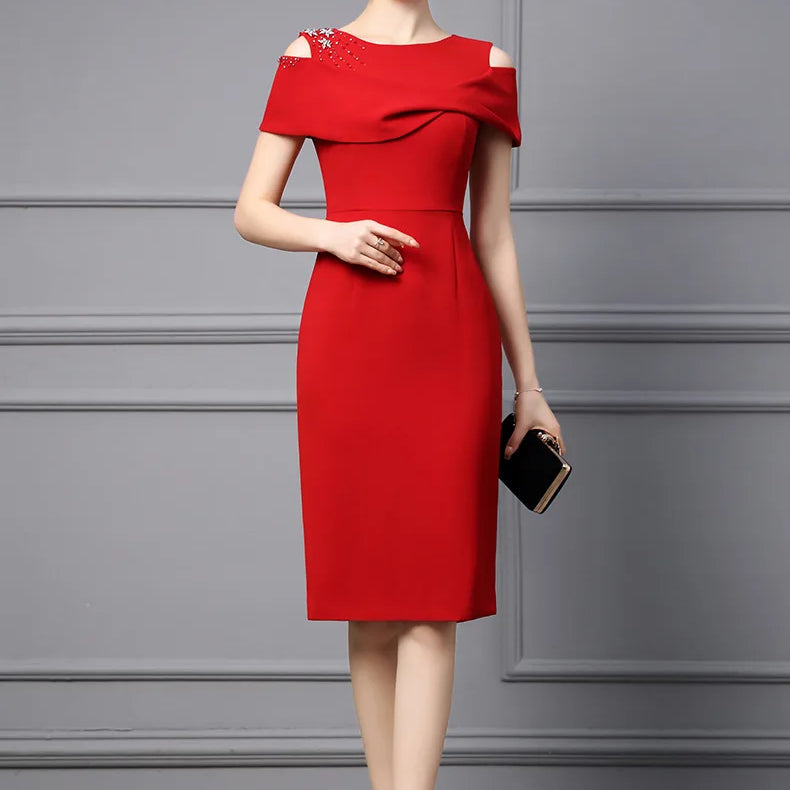 Beading Diamond Red Party Dresses for Women Elegant Luxury Evening Prom Vestidos Robe Summer Cocktail Off The Shoulder red M