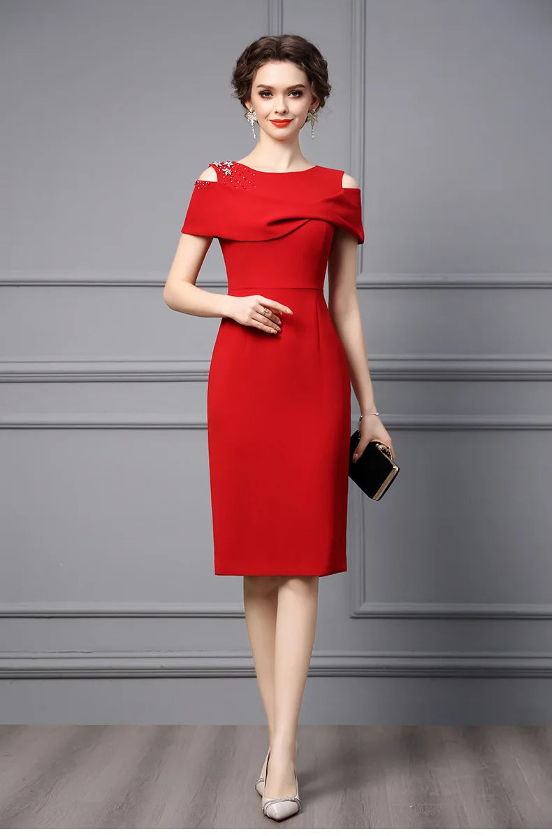 Beading Diamond Red Party Dresses for Women Elegant Luxury Evening Prom Vestidos Robe Summer Cocktail Off The Shoulder red M