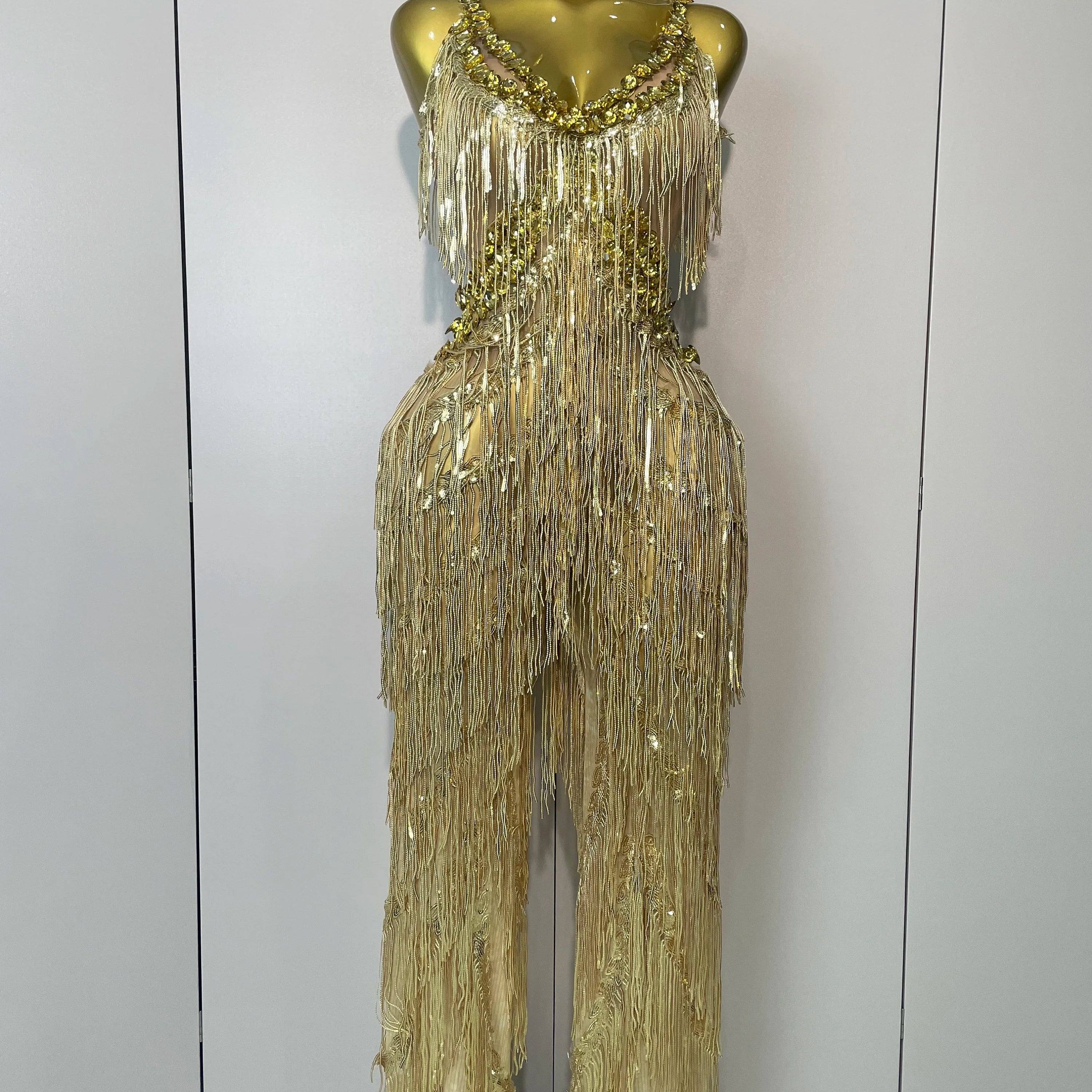 Shiny Gold Rhinestones Sequined Fringe Wide-leg jumpsuit 2025 Women Sexy Night Party Club Outfit Singer Stage Perform Costume