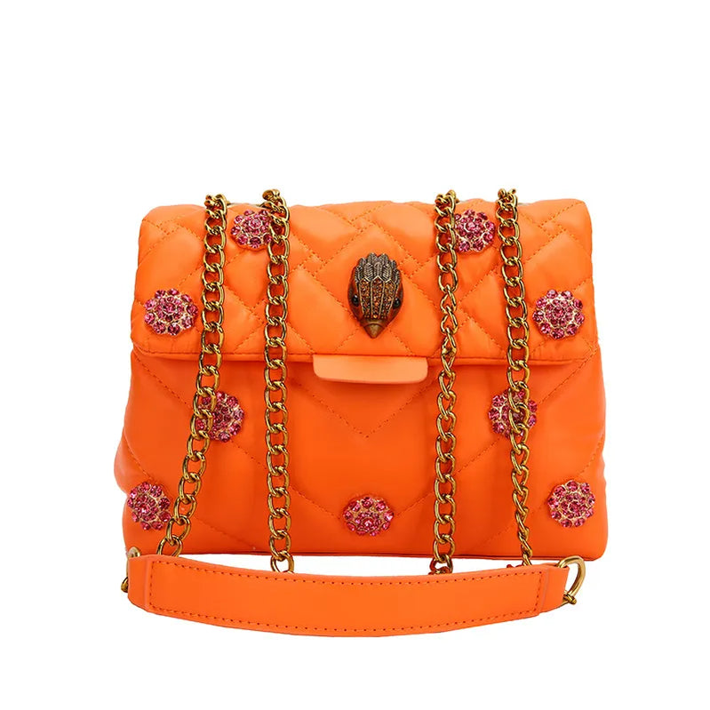 Summer Eagle Head Chain Crossbody Bags for Women UK Brand Designer Fashion Trend Handbag PU Shoulder Bag Diamond Flower Bag orange 23X17X7CM