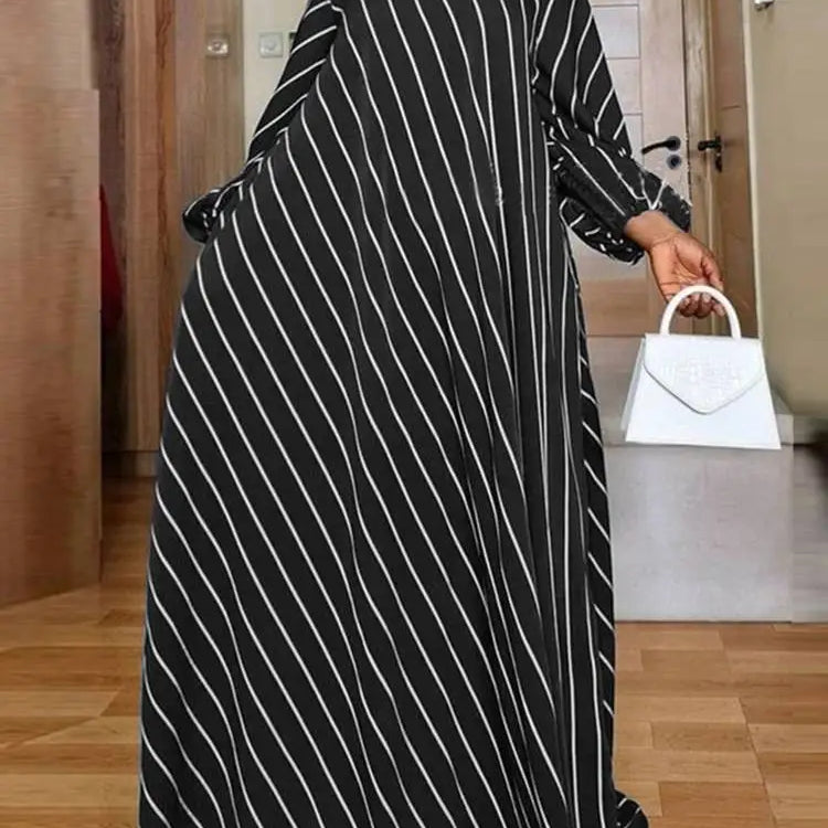Plus Size 5XL Elegant Striped Maxi Dress Women High Neck Elegant Long Sundress Long Puff Sleeve Printed Vestidos black