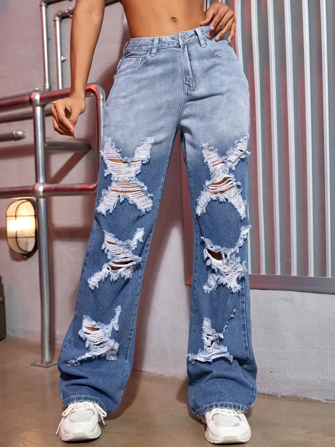 Y2K Women Fashion Ripped Jeans Color Contrast Split Shape Wide Leg Denim Trousers Streetwear